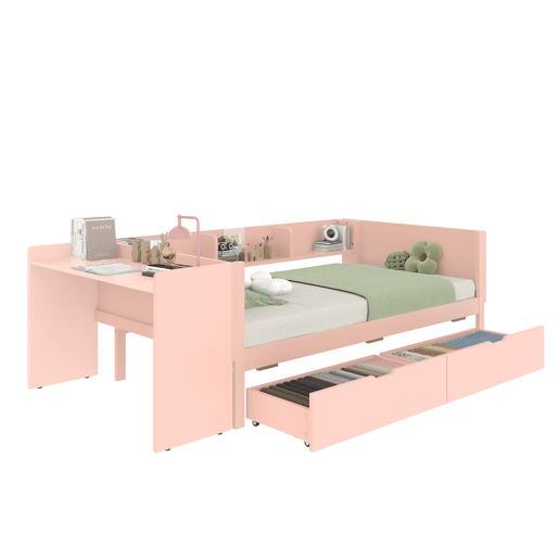 Cama individual 90x200cm - com secretária, 2 gavetas, prateleiras, madeira de pinho + MDF - Rosa