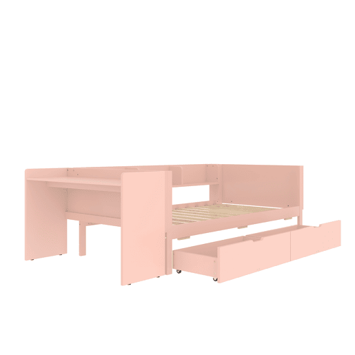 Cama individual 90x200cm - com secretária, 2 gavetas, prateleiras, madeira de pinho + MDF - Rosa