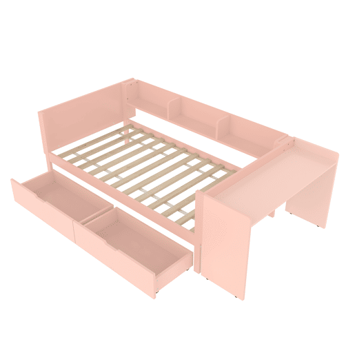 Cama individual 90x200cm - com secretária, 2 gavetas, prateleiras, madeira de pinho + MDF - Rosa