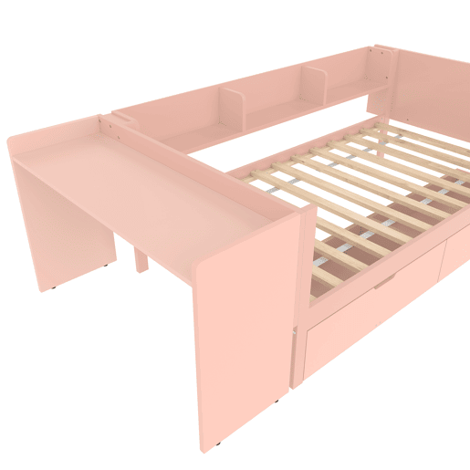 Cama individual 90x200cm - com secretária, 2 gavetas, prateleiras, madeira de pinho + MDF - Rosa