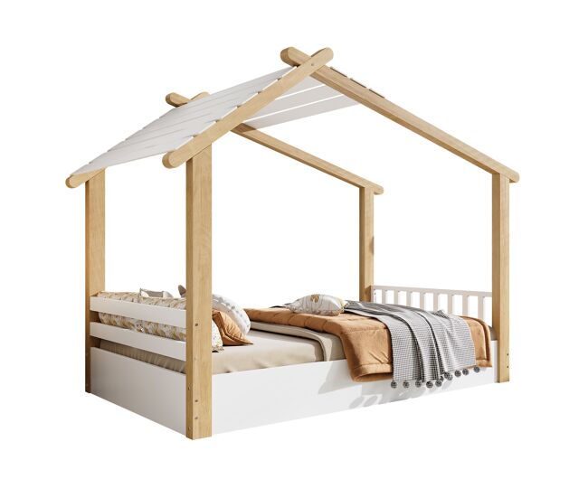 Cama cabaña,cama infantil de madera de pino 90x190cm,blanco+natural