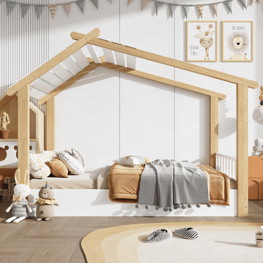 Cama-casa,cama de criança de madeira de pinho 90x190cm,branco+natural