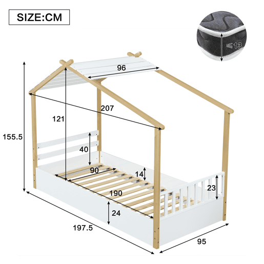Cama-casa,cama de criança de madeira de pinho 90x190cm,branco+natural