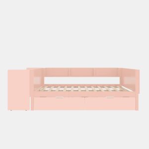 Cama de madeira 140x200cm - com secretária, 2 gavetas, prateleiras, sem colchão - Rosa