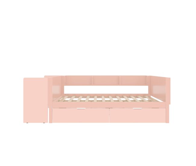 Cama de madera 140x200cm - con escritorio, 2 cajones, estantes, sin colchón - rosa