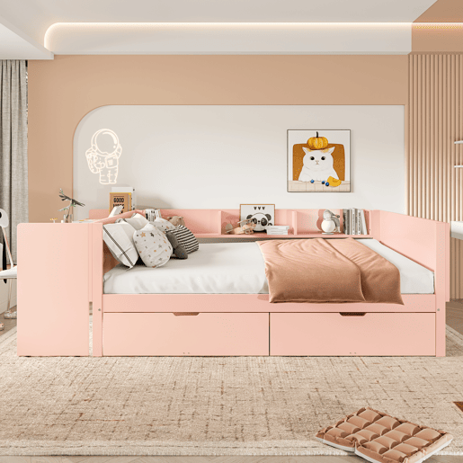 Cama de madeira 140x200cm - com secretária, 2 gavetas, prateleiras, sem colchão - Rosa