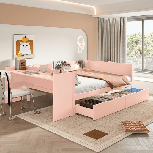 Cama de madeira 140x200cm - com secretária, 2 gavetas, prateleiras, sem colchão - Rosa