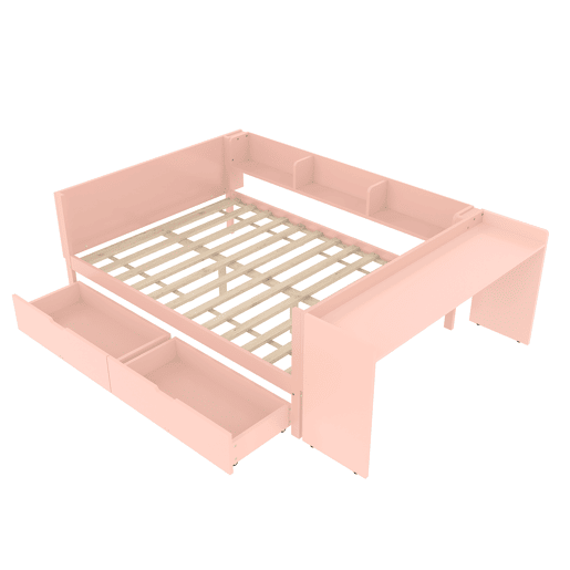 Cama de madeira 140x200cm - com secretária, 2 gavetas, prateleiras, sem colchão - Rosa