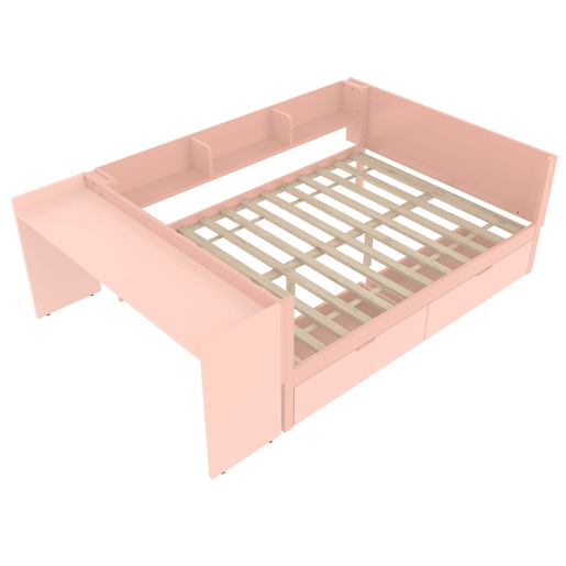 Cama de madeira 140x200cm - com secretária, 2 gavetas, prateleiras, sem colchão - Rosa