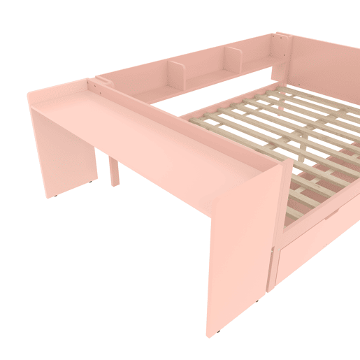 Cama de madeira 140x200cm - com secretária, 2 gavetas, prateleiras, sem colchão - Rosa