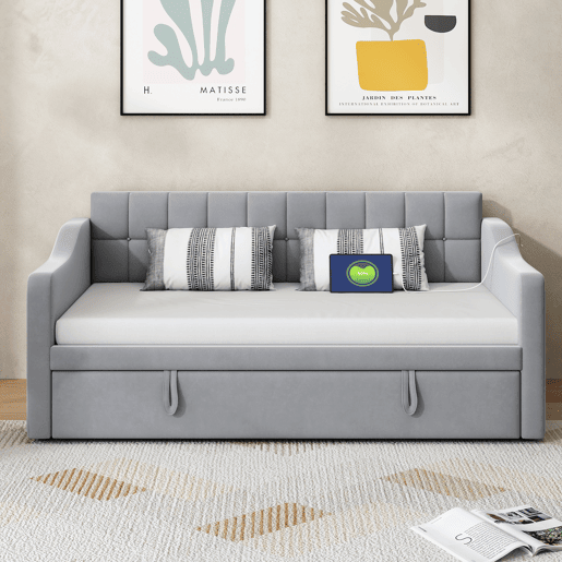 Sofá-cama estofado 90x180x190 cm - 2 em 1 multifuncional com tecido de veludo, tomada e bolsa de armazenamento - cinza claro