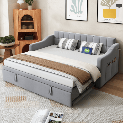 Sofá-cama estofado 90x180x190 cm - 2 em 1 multifuncional com tecido de veludo, tomada e bolsa de armazenamento - cinza claro