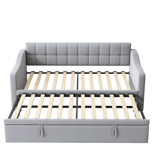 Sofá-cama estofado 90x180x190 cm - 2 em 1 multifuncional com tecido de veludo, tomada e bolsa de armazenamento - cinza claro