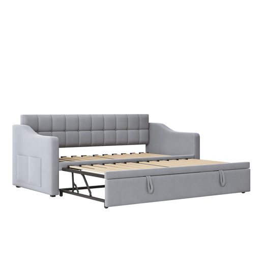 Sofá-cama estofado 90x180x190 cm - 2 em 1 multifuncional com tecido de veludo, tomada e bolsa de armazenamento - cinza claro