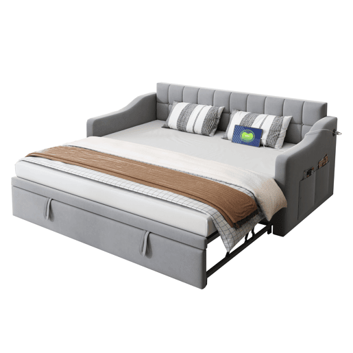 Sofá-cama estofado 90x180x190 cm - 2 em 1 multifuncional com tecido de veludo, tomada e bolsa de armazenamento - cinza claro