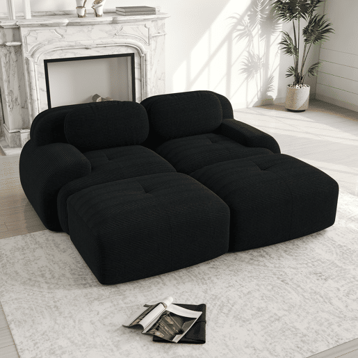 Sofá de 2 lugares - Modular com chaise longue, antiderrapante, apoios de braços ergonómicos e estofamento elástico - Preto