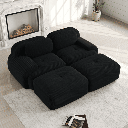 Sofá de 2 lugares - Modular com chaise longue, antiderrapante, apoios de braços ergonómicos e estofamento elástico - Preto