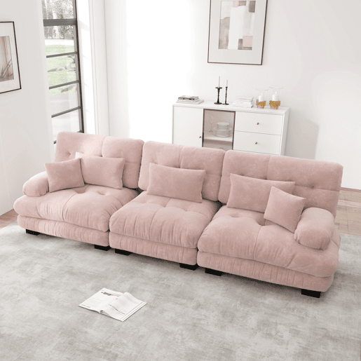 Sofá de canto modular de 3 lugares - com assento profundo, sofá-cama confortável, chenille rosa