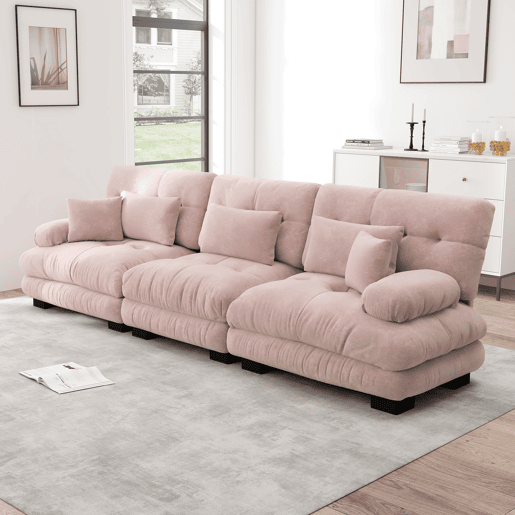 Sofá de canto modular de 3 lugares - com assento profundo, sofá-cama confortável, chenille rosa
