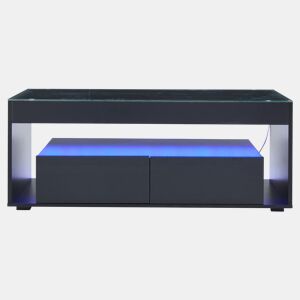 Mesa de café retangular - 16 cores LED, 2 gavetas grandes, design de 2 camadas - Preto