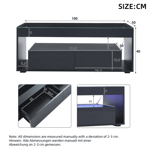 Mesa de café retangular - 16 cores LED, 2 gavetas grandes, design de 2 camadas - Preto