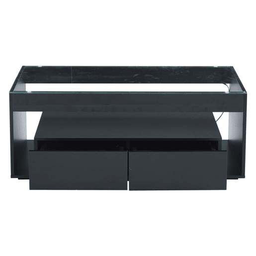 Mesa de café retangular - 16 cores LED, 2 gavetas grandes, design de 2 camadas - Preto