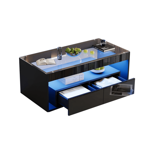 Mesa de café retangular - 16 cores LED, 2 gavetas grandes, design de 2 camadas - Preto