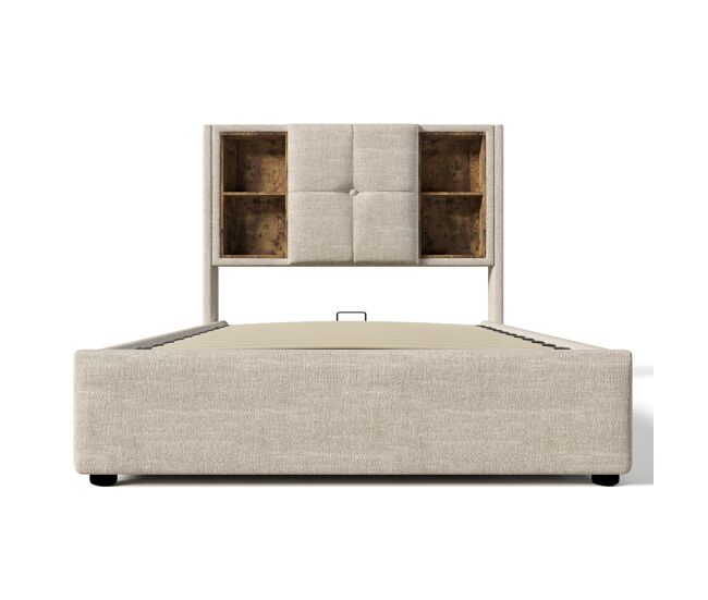 Cama individual 90x200cm - carga inalámbrica usb-c, con almacenamiento, base de madera, lino natural (con colchón)