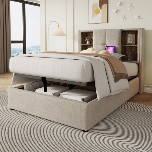 Cama individual 90x200cm - Carregamento sem fios USB-C, com arrumação, base em madeira, linho natural (Com colchão)