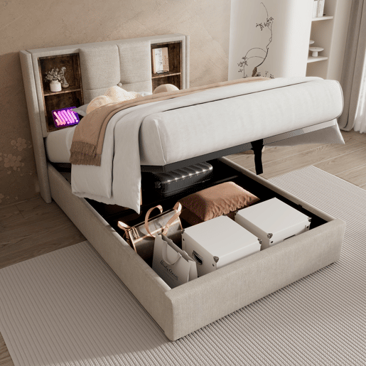 Cama individual 90x200cm - Carregamento sem fios USB-C, com arrumação, base em madeira, linho natural (Com colchão)