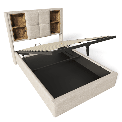Cama individual 90x200cm - Carregamento sem fios USB-C, com arrumação, base em madeira, linho natural (Com colchão)