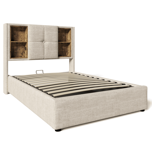 Cama individual 90x200cm - Carregamento sem fios USB-C, com arrumação, base em madeira, linho natural (Com colchão)