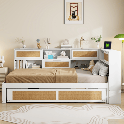 Sofá-cama de madeira 140*200 - com cama extensível, cama individual, com arrumação e porta de carregamento - Branco