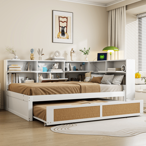 Sofá-cama de madeira 140*200 - com cama extensível, cama individual, com arrumação e porta de carregamento - Branco