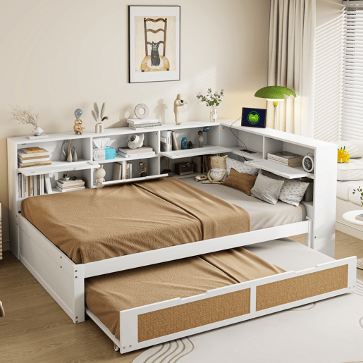 Sofá-cama de madeira 140*200 - com cama extensível, cama individual, com arrumação e porta de carregamento - Branco
