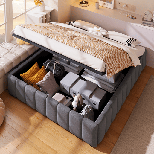 Cama estofada 140x200cm - Armazenamento hidráulico, sem cabeceira, sem colchão - Cinza
