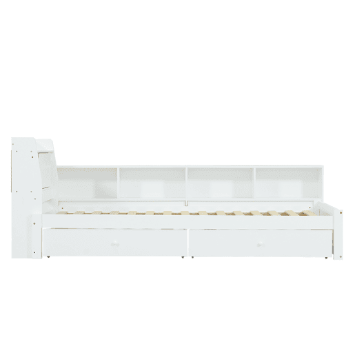 Cama individual 90x200 - cabeceira com prateleira e luzes, porta de carregamento, armários e gavetas laterais - branco