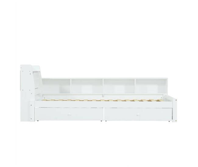 Cama individual 90x200 - cabecero con estante y luces, puerto de carga, armarios y cajones laterales - blanco