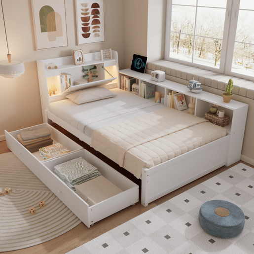 Cama individual 90x200 - cabeceira com prateleira e luzes, porta de carregamento, armários e gavetas laterais - branco