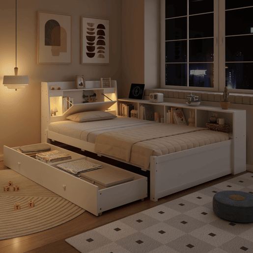 Cama individual 90x200 - cabeceira com prateleira e luzes, porta de carregamento, armários e gavetas laterais - branco