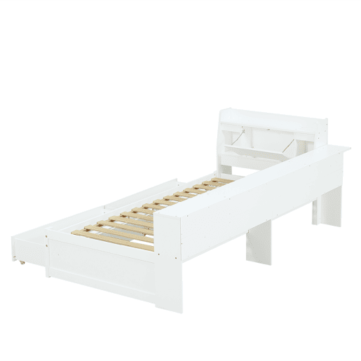Cama individual 90x200 - cabeceira com prateleira e luzes, porta de carregamento, armários e gavetas laterais - branco