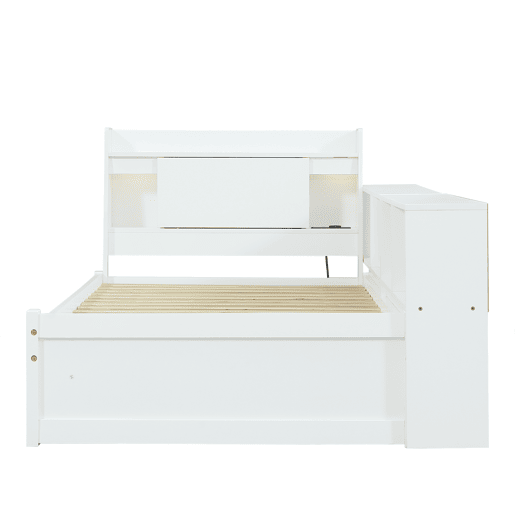Cama individual 90x200 - cabeceira com prateleira e luzes, porta de carregamento, armários e gavetas laterais - branco