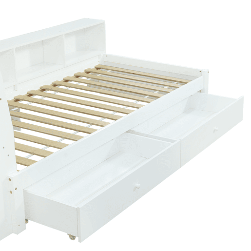 Cama individual 90x200 - cabeceira com prateleira e luzes, porta de carregamento, armários e gavetas laterais - branco
