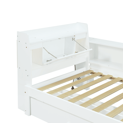 Cama individual 90x200 - cabeceira com prateleira e luzes, porta de carregamento, armários e gavetas laterais - branco