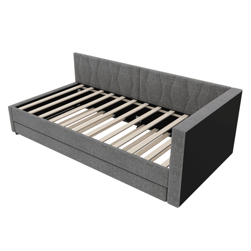 Cama Daybett 90x200cm - Sofá-cama, com compartimento, USB+Tipo C, controlo remoto para luz LED, cama extraível, com estrado, linho, cinzento