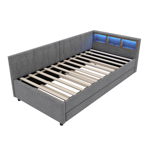 Cama Daybett 90x200cm - Sofá-cama, com compartimento, USB+Tipo C, controlo remoto para luz LED, cama extraível, com estrado, linho, cinzento