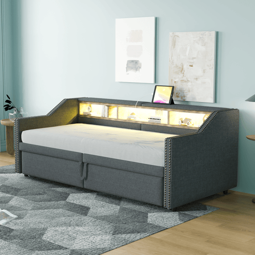 Sofá-cama extensível 90180 x 200 cm - Multifuncional, com arrumação, luz LED e porta USB - Cinza escuro