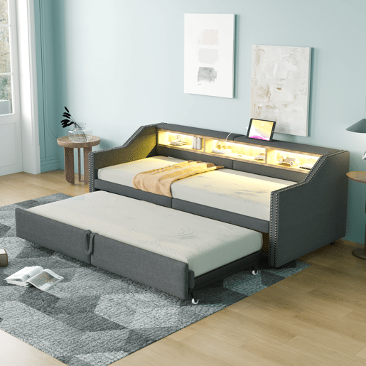 Sofá-cama extensível 90180 x 200 cm - Multifuncional, com arrumação, luz LED e porta USB - Cinza escuro