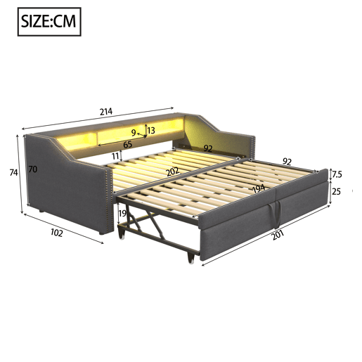 Sofá-cama extensível 90180 x 200 cm - Multifuncional, com arrumação, luz LED e porta USB - Cinza escuro