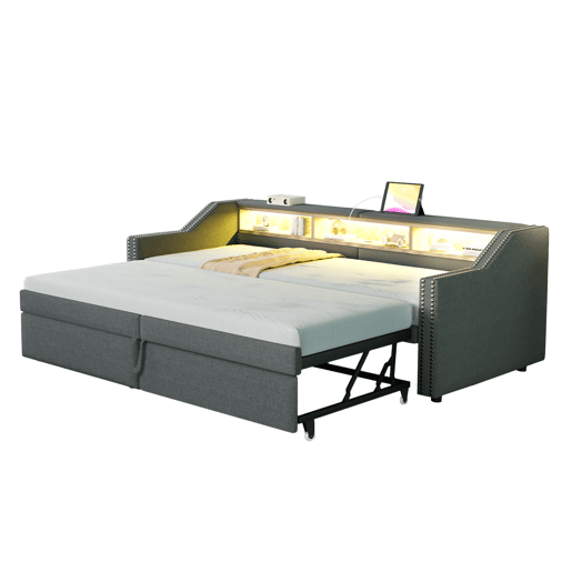 Sofá-cama extensível 90180 x 200 cm - Multifuncional, com arrumação, luz LED e porta USB - Cinza escuro